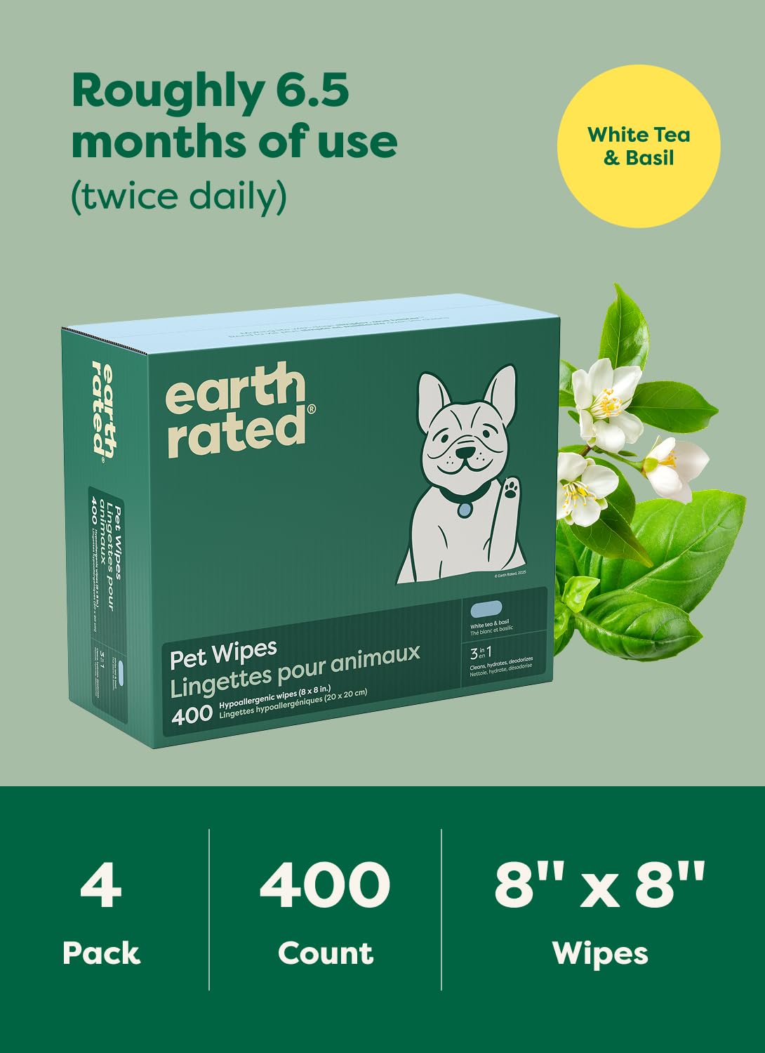 Lingettes humides - Earth Rated - Thé blanxc et Basilic